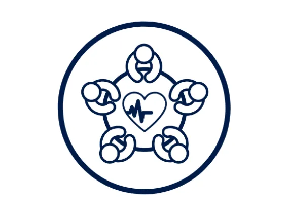 Dark Blue Icon of People Gathered Around Table with Heart in Center